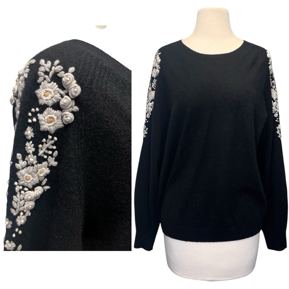 Bloomingdale's Cashmere Sweater Womens Medium Black Floral Embroidery Pearl Boho